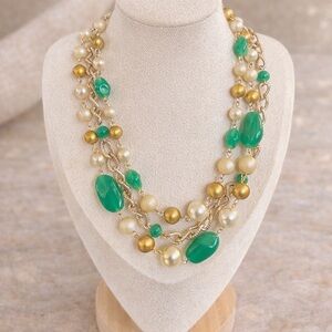 Vintage Green Glass & Faux Pearl Multi Strand Gold-Tone Statement Necklace